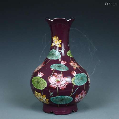 CHINESE PURPLE-GROUND FAMILLE-ROSE PEAR-FORM VASE DEPICTING ...