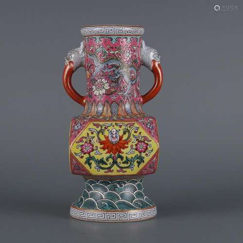 CHINESE PUCE-GROUND FAMILLE-ROSE HANDLED VASE DEPICTING '...