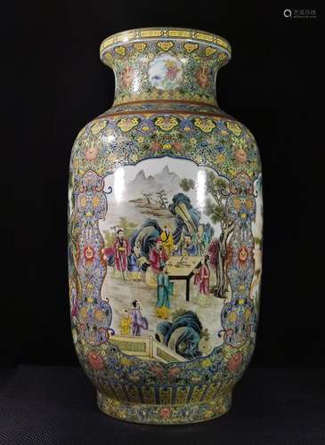 CHINESE GILDED ON FAMILLE-ROSE ROULEAU VASE DEPICTING 'F...