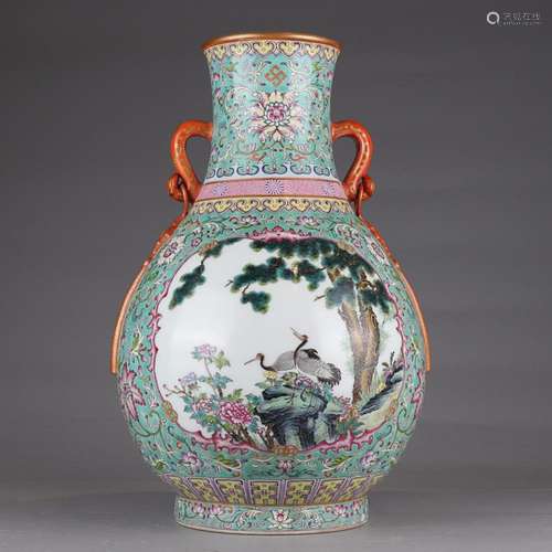 CHINESE GILDED ON FAMILLE-ROSE RUYI-HANDLED ZUN VASE DEPICTI...