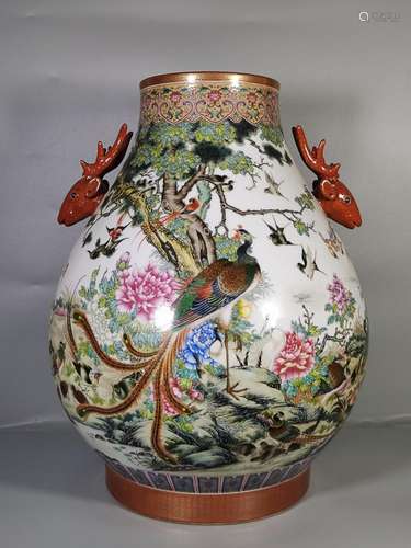 CHINESE GILDED ON FAMILLE-ROSE DEER-HANDLED ZUN VASE DEPICTI...