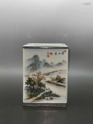 CHINESE MOCAI BRUSHPOT DEPICTING 'LANDSCAPE' AND ...