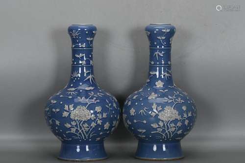 TWO CHINESE SKY-BLUE-GLAZED GARLIC-HEAD VASES DEPICTING '...