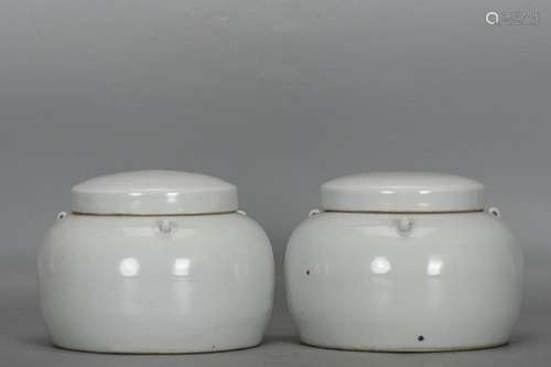 TWO CHINESE WHITE-GLAZED COVERED JARS