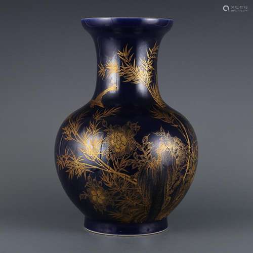 CHINESE GILDED ON SACRIFICIAL-BLUE-GLAZED ZUN VASE DEPICTING...