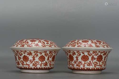 TWO CHINESE IRON-RED ENAMELED COVERED BOWLS DEPICTING 'L...