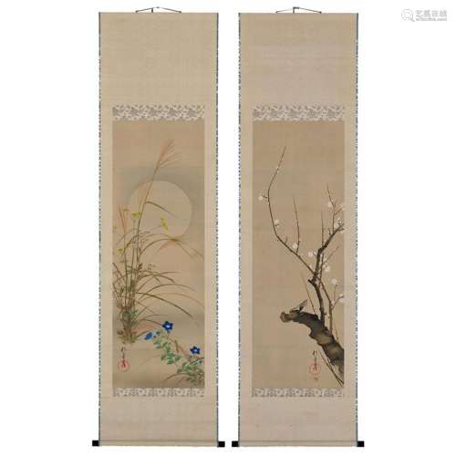 19th Century Japanese Scroll Pair, Plum and Autumn Moon by S...