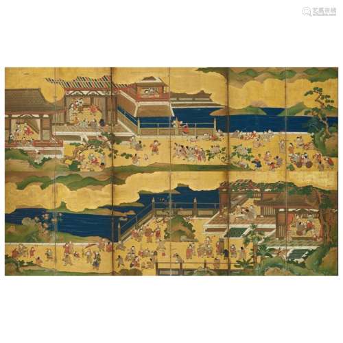Pair of Japanese Edo Period Six-Panel Screen, "100 Boys...
