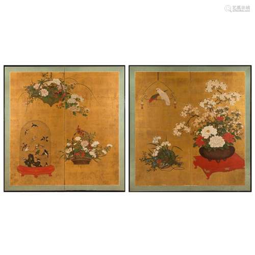 Pair of Japanese Two-Fold Screens with Flower Arrangements a...