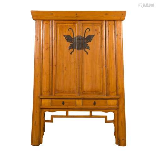 Chinese Vintage Elm Wedding Cabinet with Large Butterfly Har...