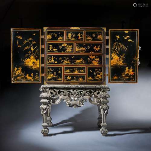 17th Century William and Mary Japanned Cabinet on Original S...