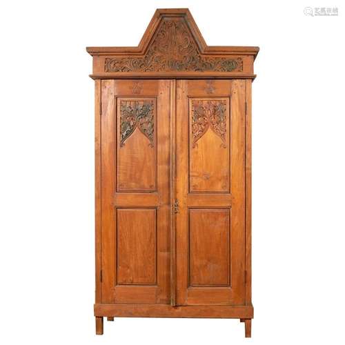 Antique Dutch Colonial Armoire with Low-Relief Carved Painte...