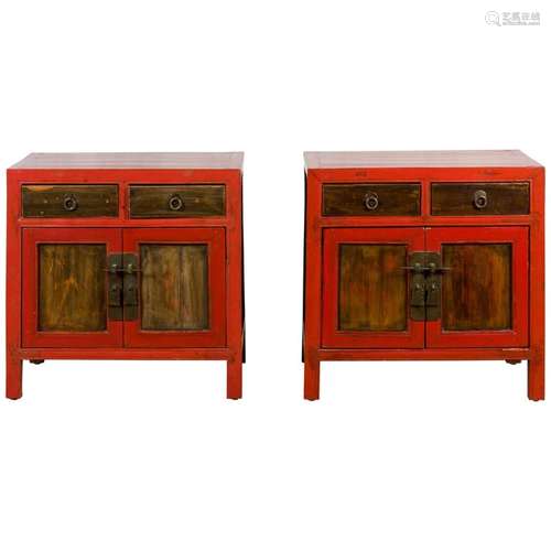 Pair of Chinese Antique Red Lacquer Small Cabinets with Draw...