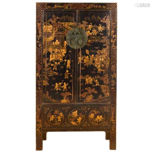 Chinese 19th Century Qing Dynasty Black and Gold Cabinet wit...