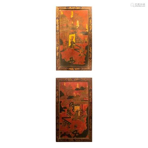 Pair Antique 19th Century Japanese Red Lacquered Wood Panels...