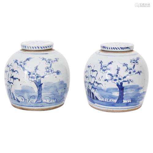 Pair of Chinese Blue and White Porcelain Lidded Jars