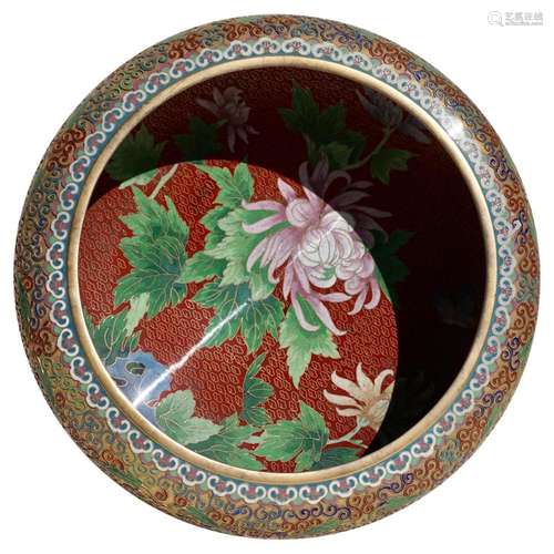 Large Chinese Cloisonné Champlevé Floral Bowl