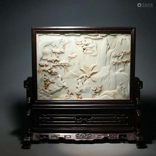 CHINESE HETIAN JADE TABLE SCREEN WITH CARVED 'FIGURE STO...