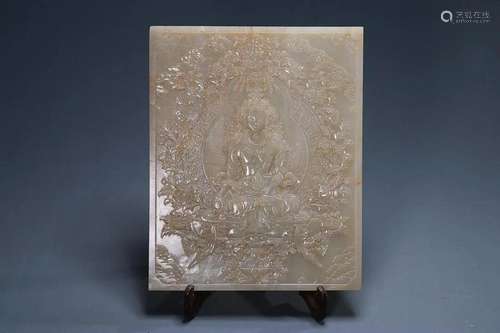 CHINESE INSCRIBED HETIAN JADE TABLE SCREEN WITH CARVED '...