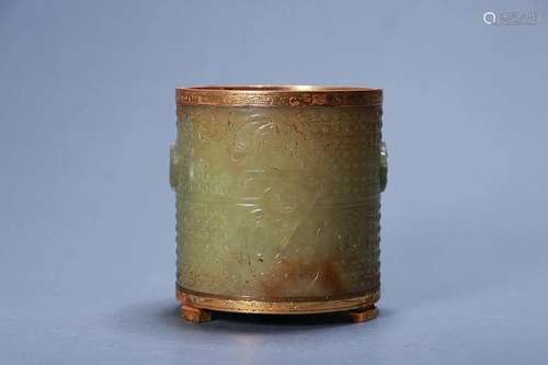 CHINESE GILT-BRONZE-MOUNTED HETIAN JADE BRUSHPOT WITH CARVED...