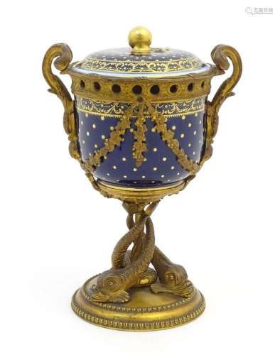 A 19thC Continental pedestal cobalt blue pot and cover with ...