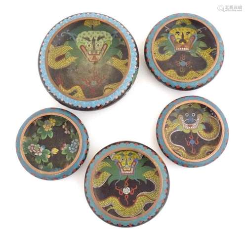 Five assorted Oriental cloisonne bowls, four decorated with ...