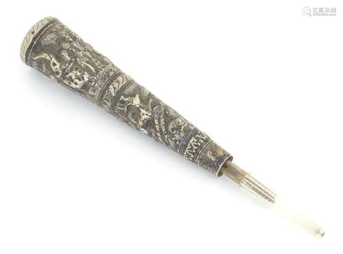 An Indian white metal parasol / umbrella handle with relief ...