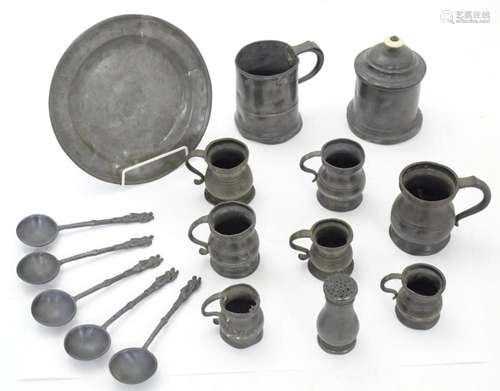 Kithenalia: a quantity of the 18thC and later pewter items, ...