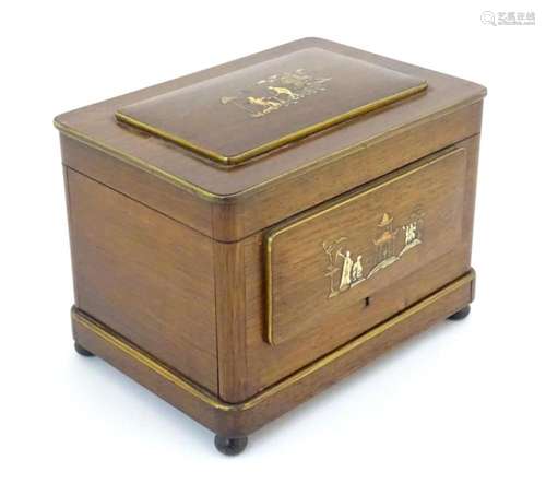 A 20thC humidor with inlaid chinoiserie decoration depicting...