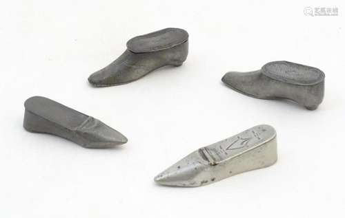 Four 19thC pewter snuff boxes modelled as shoes. Largest app...