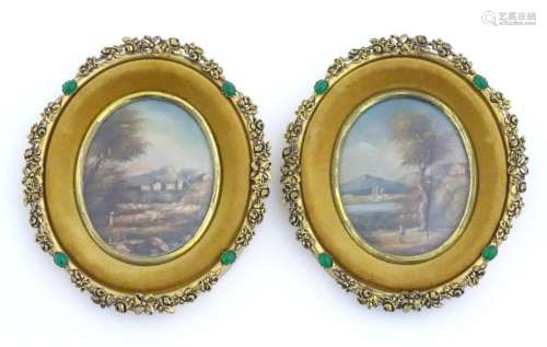 A pair of early 20thC oil on board oval miniatures depicting...