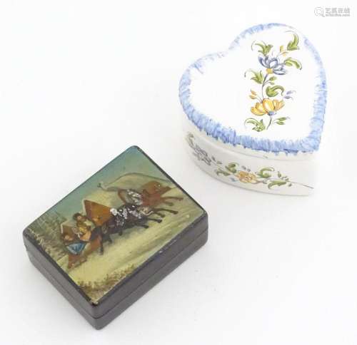 A Russian lacquered papier mache stamp box the top with hand...
