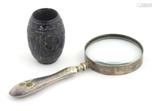 A 20thC Irish magnifying glass with silver plate handle with...