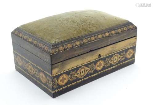 A 19thC Tunbridge ware box with banded decoration and pin cu...