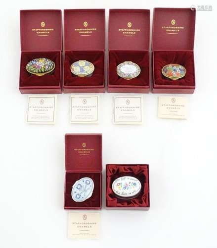 Five boxed 20thC Staffordshire Enamels pill boxes decorated ...