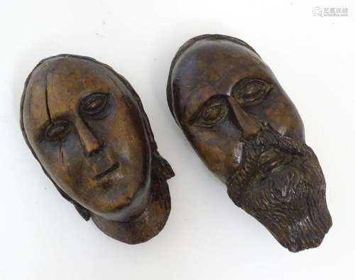 Two early 19thC Continental folk art carved walnut sculptura...