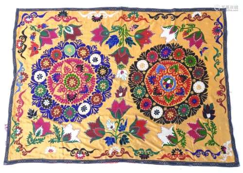 Carpet / rug : An Uzbek Suzanie embroidered textile, the yel...