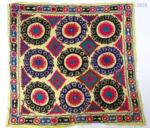 Carpet / Rug : An Uzbek Suzani embroidery, the cream ground ...