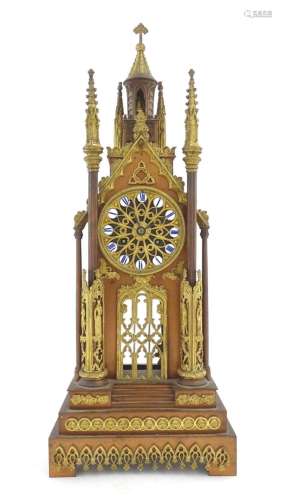 A French cathedral clock of gothic architectural design with...