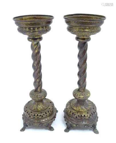 A pair of brass table lamp stands of column form. Approx 17&...
