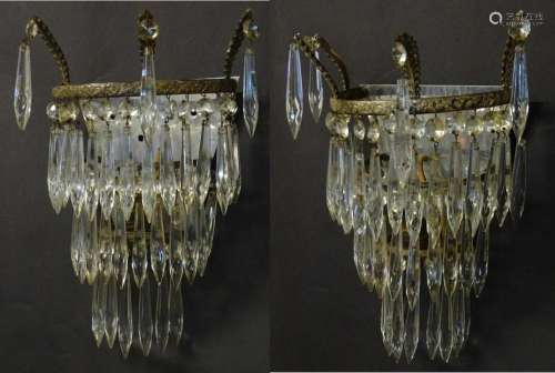 A pair of three tier wall lights with lustre drops and flora...