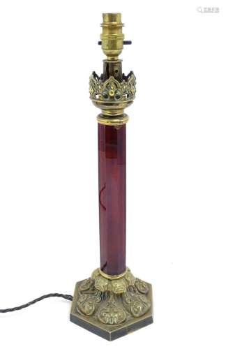An early 20thC table light of hexagonal form with red glass ...
