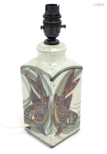 A studio pottery stoneware table lamp with hand painted fish...