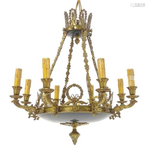 A Danish gilt metal 8 branch chandelier decorated with laure...