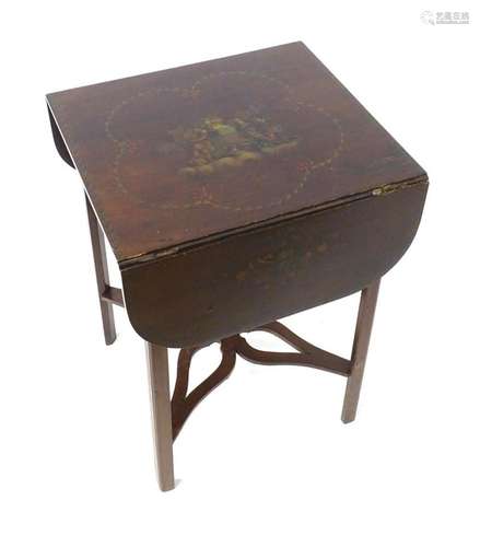 A late 18thC mahogany drop flap table with a painted table t...