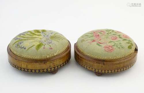 A pair of late 19thC footstool with inlaid walnut frames and...