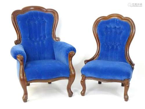 Two 19thC deep buttoned chairs with mahogany frames, the cha...