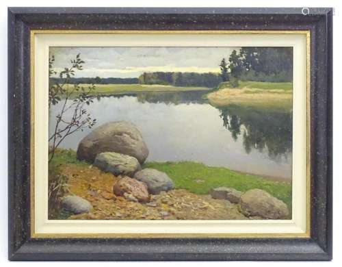 20th century, Russian School, Oil on board, A river landscap...