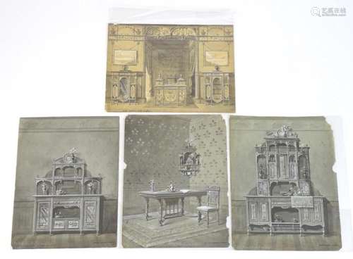 French School, Wash and gouache, Four interior / furniture d...