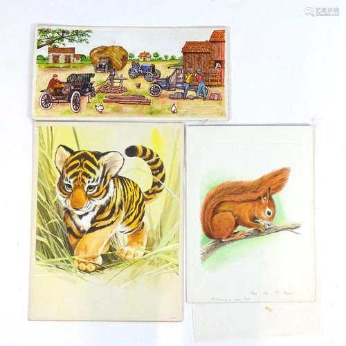 Three watercolour book illustrations to include a red squirr...